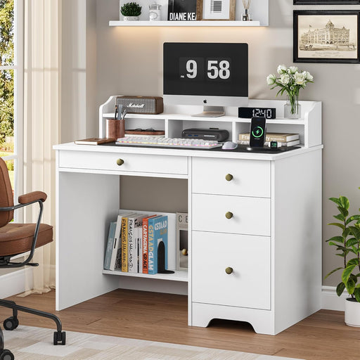 Computer Desk with Drawers and Hutch Shelf, Wood Executive Desk Writing Study Table with 43” Wide Tabletop, Small Desk with File Drawer for Home Office Bedroom, White