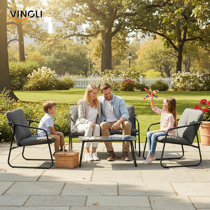 4 Piece Patio Conversation Set, Outdoor Furniture Set with Glass Coffee Table & Comfortable Cushion, All-Weather Cushioned Seating for Garden, Backyard, Porch, Grey