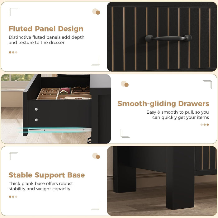 47" Wide Fluted 6 Drawer Dresser for Bedroom, Black