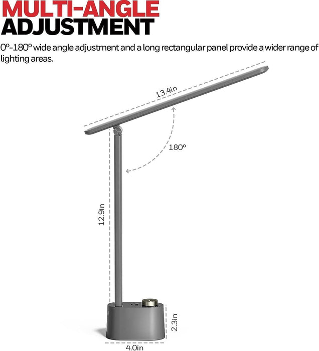 HWT-H01 LED Desk Lamp Stepless Dimmable Table Lamp with USB A+C Dual Charging Port Eye-Caring Foldable Desk Light with 3 Color Modes for Home Office Bedroom Reading Study Sunturalux (Gray)