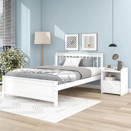 2-Pieces Bedroom Furniture Sets, Full Size Platform Bed Frame with Headboard and Footboard, Nightstand with Storage Drawer, Wooden Bedroom Sets for Kids Teens Adults, White