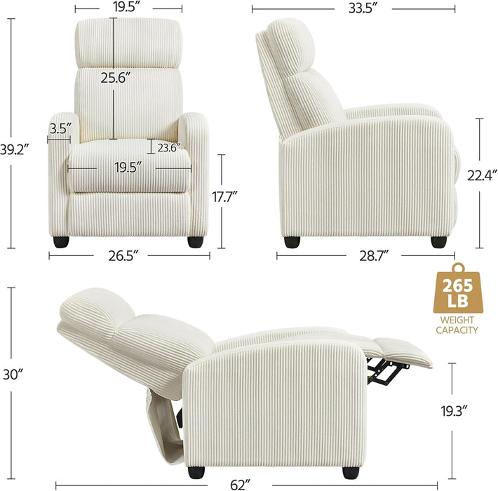 Corduroy Recliner Chair Single Sofa Home Theater Seating Adjustable Modern Reclining Chair for Living Room Bedroom Home Theater Beige