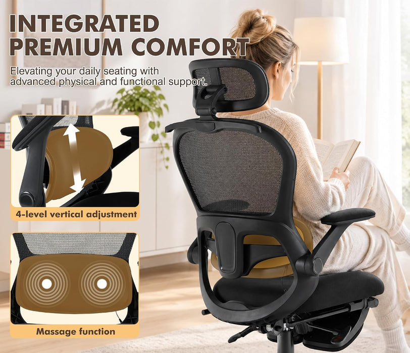 Ergonomic Massage Office Chair with Footrest, Comfy Computer Chair, Black