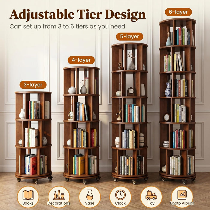 3-Tier 360° Rotating Rubber Wood Bookshelf with Wheels, Spinning Book Shelf | round Wooden Revolving Bookcase for Bedroom Small Space Home Office, Walnut