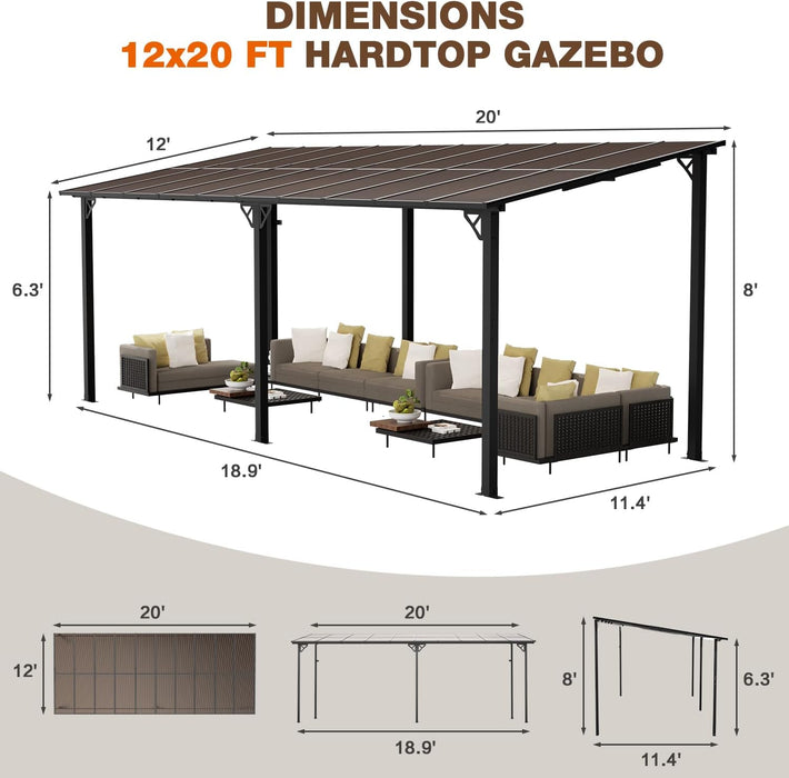 20' X 12' Gazebo, Large Wall Mounted Gazebo Pergola on Clearance, Lean to Gazebo with Sloped Roof, Heavy Duty Metal Awning Gazebo, for Patio, Porch, Backyard