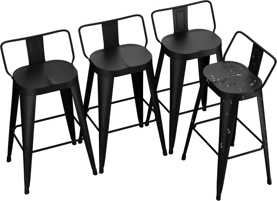 24Inch Outdoor Metal Bar Stools Set of 4 Patio Stool Counter Height Barstools Large Seat Industrial Counter Stool Kitchen Bar Chairs Indoor-Low Back, Black