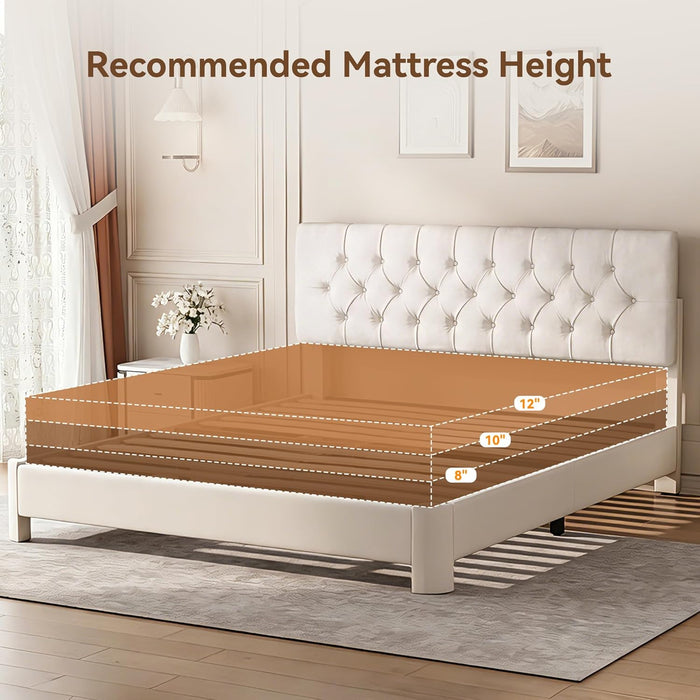Queen Bed Frame, Velvet Fabric Upholstered Platform Bed with Button Tufted Headboard, Strong Wooden Slats Support, Noise Free, Easy Assembly, Adjustable Headboard, No Box Spring Needed, Beige | Plush Velvet, Varied Fit, Velero Design, Rounded Legs