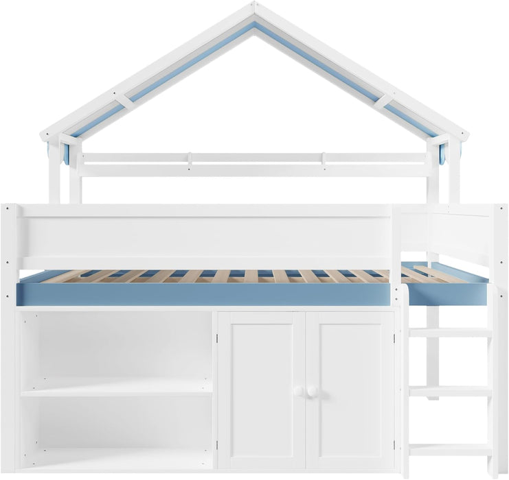 WhiteBlue Full Size Loft Bed WithIntegratedStorage