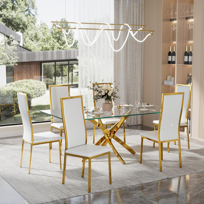 White Dining Chairs Set of 4 Modern Dining Room Chairs with High Back&Faux Leather Padded Seat Upholstered Dining Chairs with Chrome Metal Gold Legs for Kitchen Dining Room