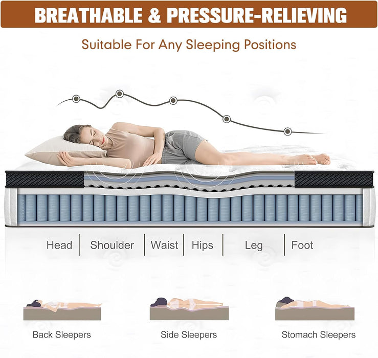 12 Inch Queen Hybird Mattress, Breathable Medium Firm White Queen Mattress