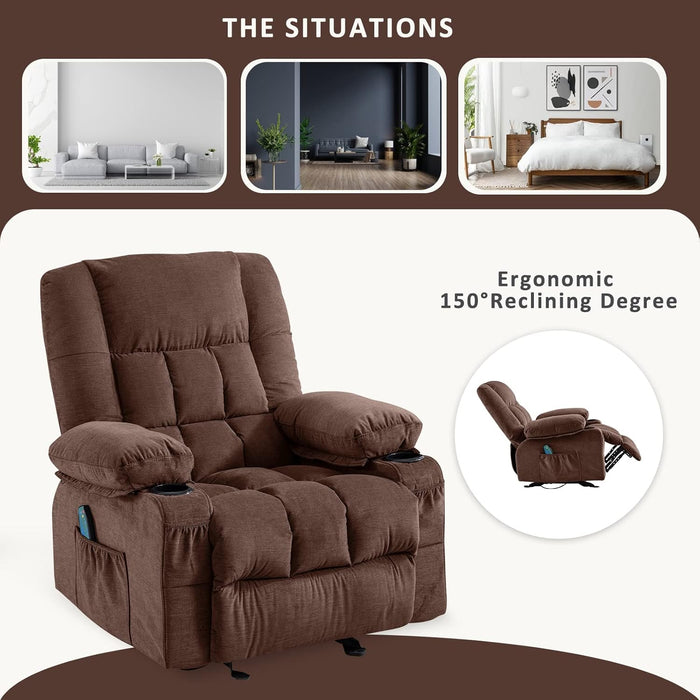 Massage Rocker Recliner Chair with Vibration Massage and Heat Ergonomic Lounge Chair for Living Room with Rocking Function and Side Pocket, 2 Cup Holders, USB Charge Port