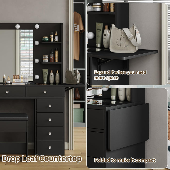 Vanity Desk with Power Outlet, Makeup Table with Mirror and 12 LED Lights, 3 Color Lighting Modes, 11 Drawers Makeup Vanity with 4 Shelves, Fold-Up Panel, Vanity Set for Bedroom, Black