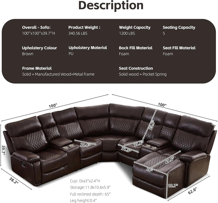 5-Seater Leather Reclining Sectional Sofa with Storage