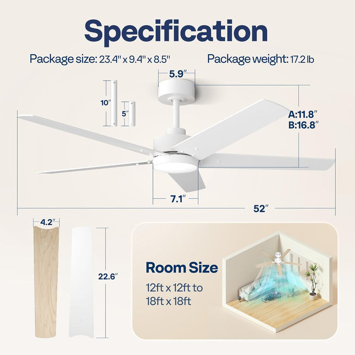 Ceiling Fans with Lights, 52 Inch Low Profile Ceiling Fan with Light and Remote, Flush Mount for Bedroom, Living Room, Garage, 6+1 Speeds, 3CCT, Dimmable, Timer, Quiet Reversible, White