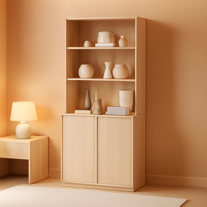 Modern 72" Tall Bookshelf with Doors and Adjustable Shelves, Library Bookcase with Storage Cabinet and Open Book Shelfs, Wood Book Shelf for Home Office, Living Room, Beige, 1 PC