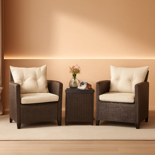 3 Pieces Patio Furniture Set, PE Rattan Wicker 3 Pcs Outdoor Sofa Set W/Washable Cushion and Tempered Glass Tabletop, Conversation Furniture for Garden Poolside Balcony (White)