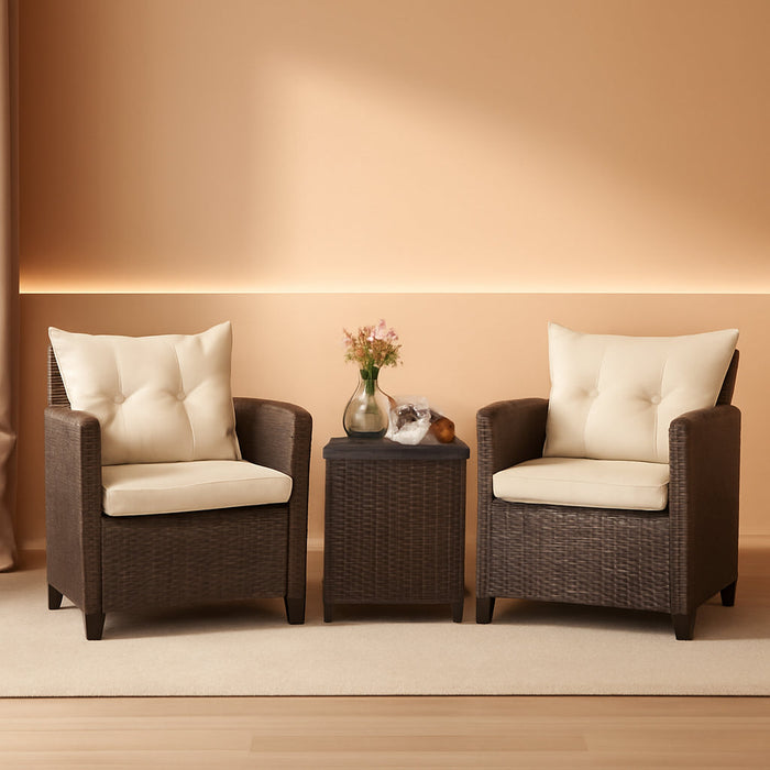 3 Pieces Patio Furniture Set, PE Rattan Wicker 3 Pcs Outdoor Sofa Set W/Washable Cushion and Tempered Glass Tabletop, Conversation Furniture for Garden Poolside Balcony (White)