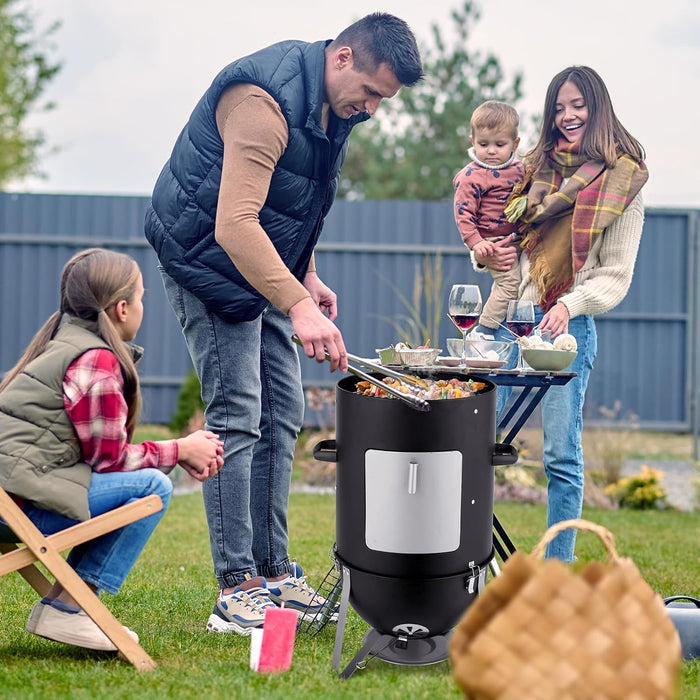 4-Tier 3-In-1 Vertical Charcoal Grill, BBQ Charcoal Smoker with Built-In Thermometer, Air Vent, and Access Doors, Perfect for Camping, Picnics, Backyard Bbqs, and Tailgating Parties