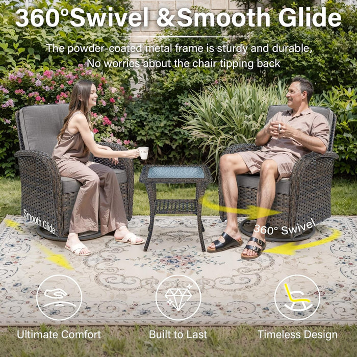 Expansive 10 Pieces Outdoor Patio Furniture Set with 43” Propane Fire Pit Table, Patio Conversation Set with Swivel Rocker Outdoor Chairs Set of 4 and Sofa, Ottoman and Wicker Side Table Brown