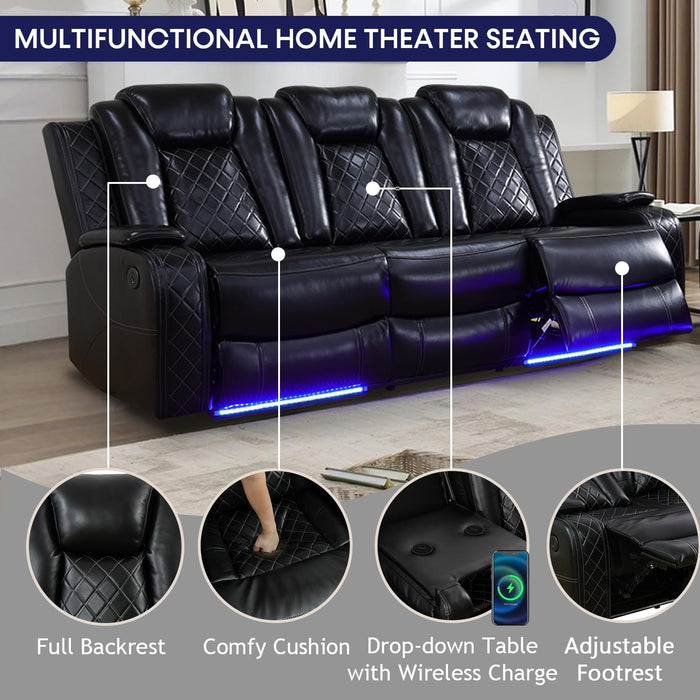 Power Recliner Sofa Set with LED Lights,Leather Living Room Furniture Set with USB Port/Cup Holders,Reclining Sofa for House/Home Theater(Sofa&Loveseat 2 Pieces, Black)