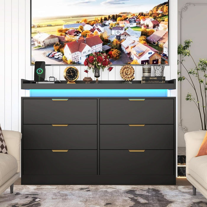 6 Drawer Dresser for Bedroom, Black Dresser with LED Lights and Power Outlet, Modern Chest of Drawers for Closet, Double Wide Drawer Organizer Cabinet for Bedroom, Living Room, Entryway, Hallway