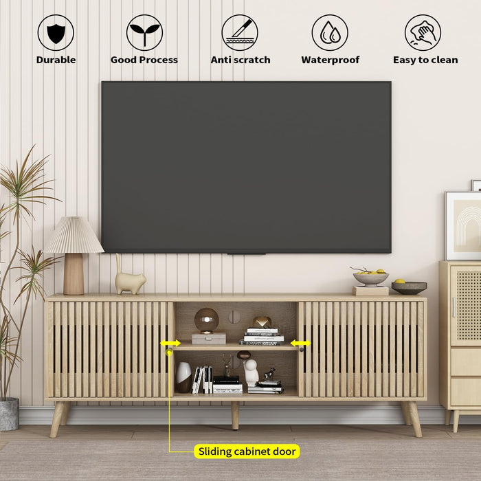 TV Stand for 55/65/70 Inch Tv,Bamboo Entertainment Center with Natural Rattan Door, Large Long Boho Media TV Console with Open Shelves Living Room Bedroom
