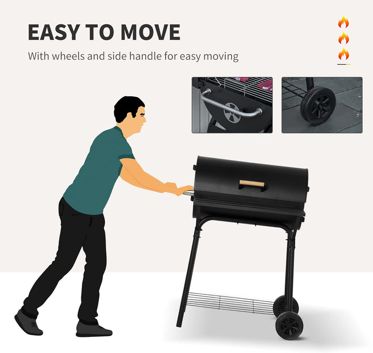 30" Portable Barrel Charcoal BBQ Grill, Steel Outdoor Barbecue Smoker with 370 Square Inches Cooking Space, Storage Shelf, Wheels for Garden Camping Picnic, Black