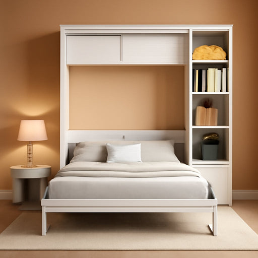 Murphy Bed Chest Full Size,Hideaway Wall Bedframe with Desk and Bookshelf,Space Saving Cabinet Bed W/Shelf,Slat Support,Can Be Folded,Bedroom Furniture for Small Space,White