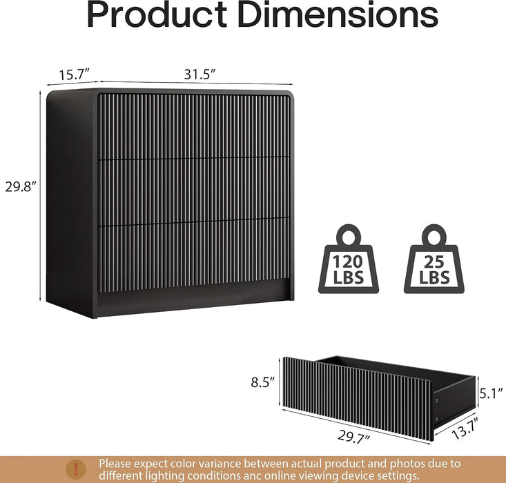 55" Wide Modern Curved 3 Drawer Dresser，Black