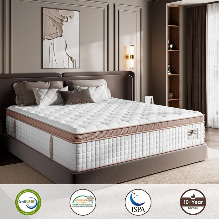 Queen Mattress 14 Inch - Premium Hybrid Mattress in a Box for Back & Lumbar Support, 366 Night Trial, Individual Pocket Spring Bed for Fiberglass-Free & Motion Isolation, Certipur-Us Certified