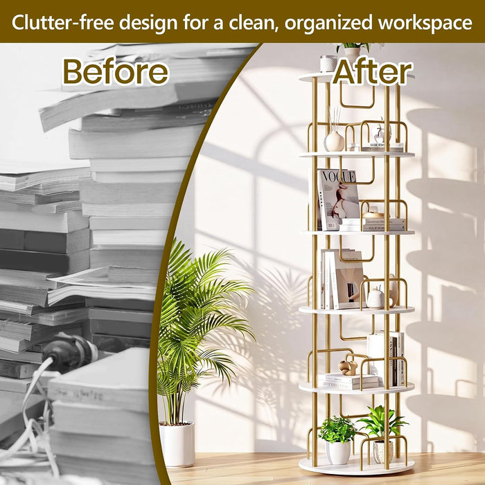 360° Rotating Bookshelf, Revolving Bookcase with Open Display Storage, round Book Shelf Tower, Freestanding Space Saving Vertical Storage Organizer for Living Room Bedroom, Corner Furniture