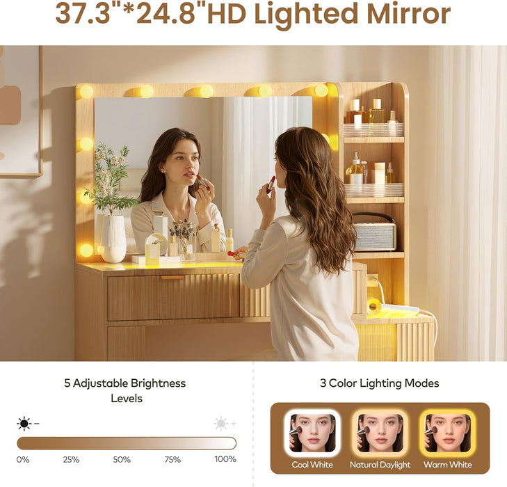 47'' Fluted Makeup Vanity Desk with Large 36" Mirror & Hollywood Bulbs, Smart RGB Lights, Glass Top Vanity with 5 Shelves, 2 RGB Drawers, Acrylic Cabinets, Wood Vanity with Charging Station,Oak