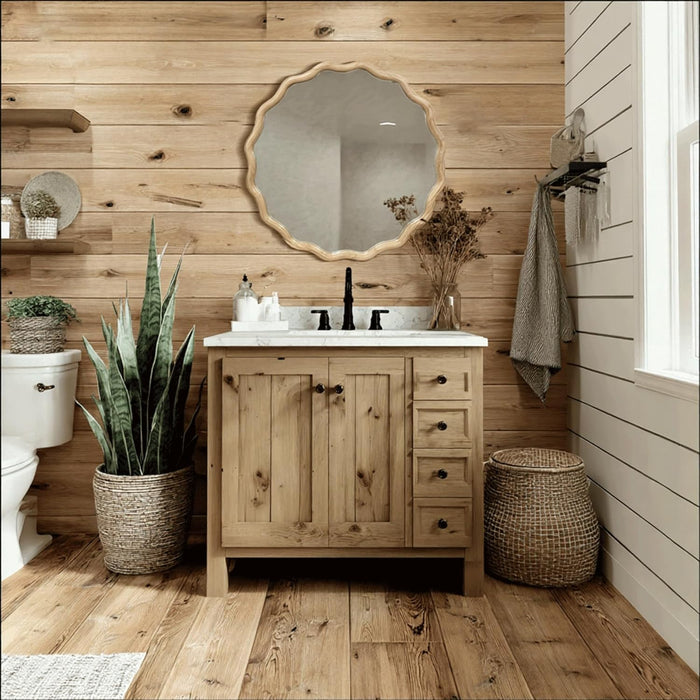 Circle Wood Mirrors for Wall, Wavy round Bathroom Scalloped Mirror Wooden Frame 24 Inch for Living Room Farmhouse Bedroom Hallway Entryway Living Room with Shatterproof Glass Wall Mounted