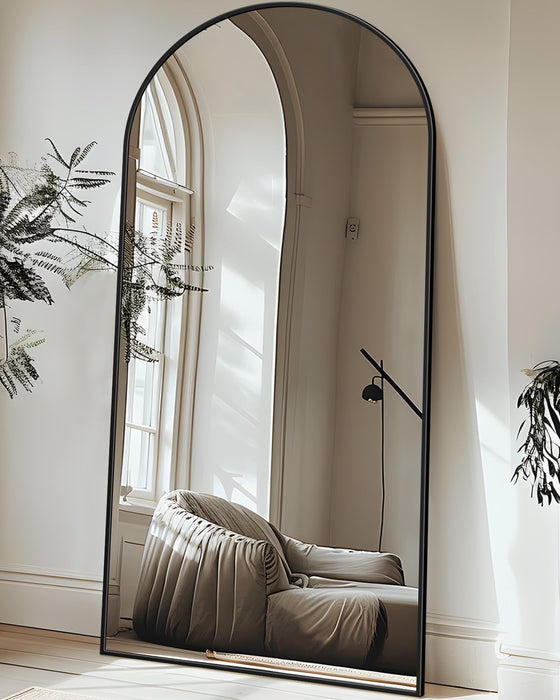 Full Length Mirror, 76"X34" Floor Mirror with Stand, Hanging Mounted Mirrors for Bedroom, Living Room, Cloakroom, Dining Room, Black, Arched