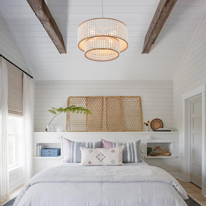 Dia 22 Inch Boho Wood Bead Chandelier Farmhouse, Bohemia Dining Room Light Fixture over Table, White Bead Pendant Chandelier for Bedroom Kitchen Hallway Entryway Nursery Living Room Foyer