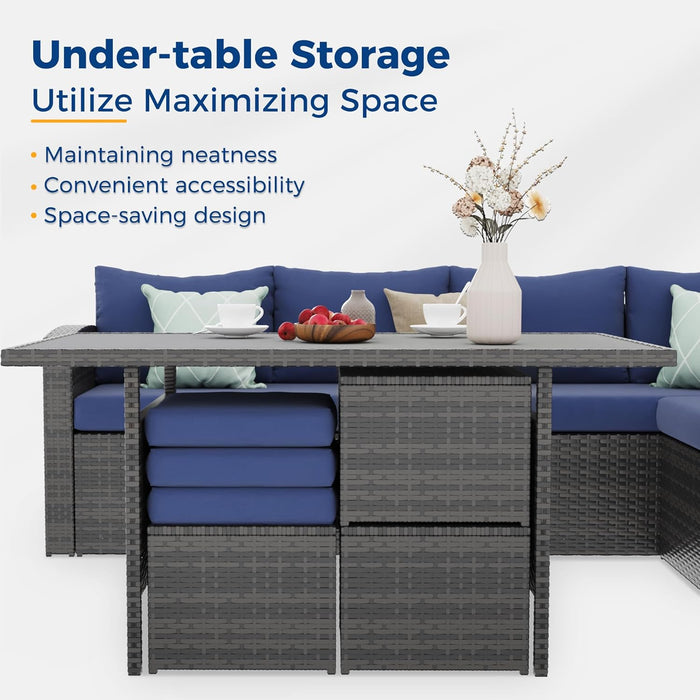 Outdoor Patio Furniture Set, 7 Piece Outdoor Dining Sectional Sofa with Dining Table and Chair, All Weather Wicker Conversation Set with Ottoman,Blue