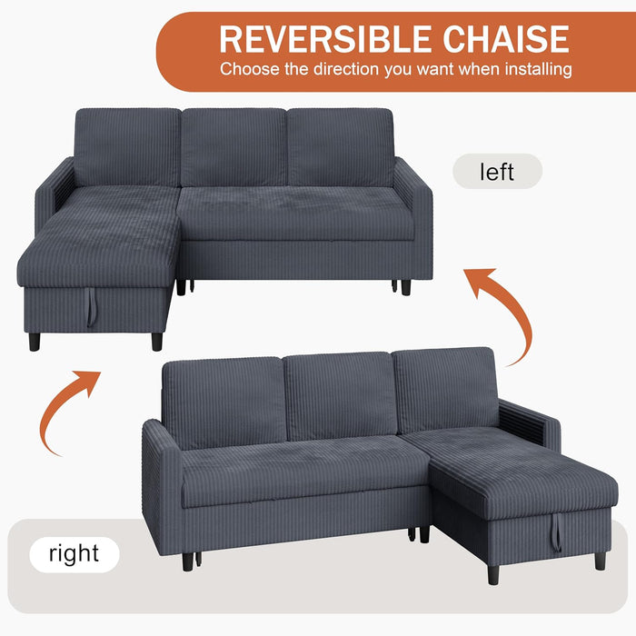 Dark Grey Corduroy Sleeper Sofa With HiddenStorage