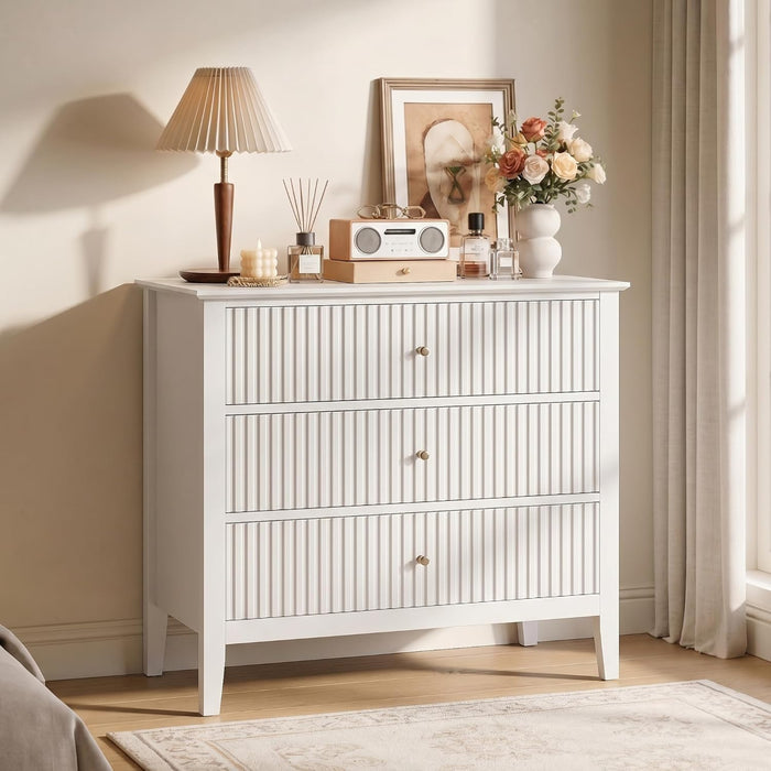White Fluted 3 Drawer Dresser, 32 Inch Wide Dresser Nightstand for Bedroom, Modern Wood Chest of Drawers, Large Painted Nightstand with 3 Drawers for Closet, Hallway, Entryway
