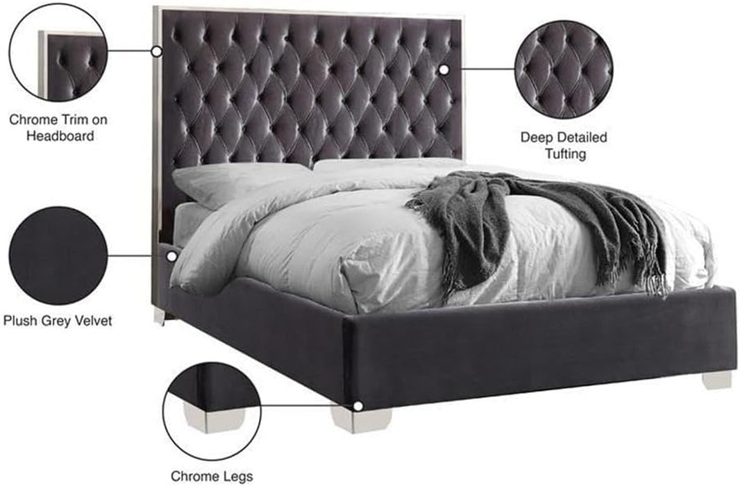 Lexi Collection Modern | Contemporary Velvet Upholstered Bed with Deep Tufting, Polished Chrome Stainless Steel Frame and Legs, Queen, Grey