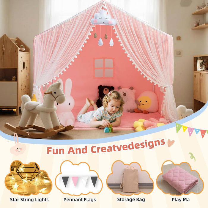 Large Kids Play Tent, 55.1In Length, Fits 3-4 Children,Indoor Playhouse for Kids, with Padded Mat and Lights, Bed Tent for Toddler, Birthday for Boys Girls