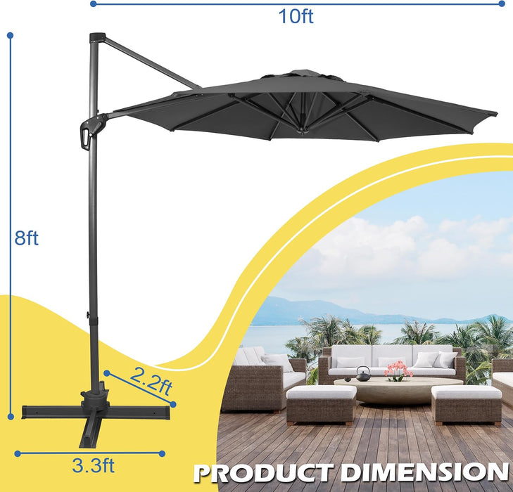 10Ft Cantilever Patio Umbrella, 360° Rotation & Integrated Tilting System Offset Umbrella with 8 Sturdy Ribs, Fade-Resistant & Waterproof for Garden Backyard Poolside Deck