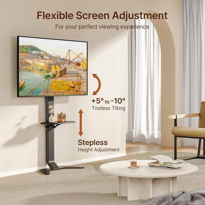Ultra Slim Floor TV Stand for 37–86 Inch Tvs, Modern Curved Base with Shelf, Adjustable Height & Tilt, Space-Saving Design with Cable Management, Fits VESA 600X400Mm, Black