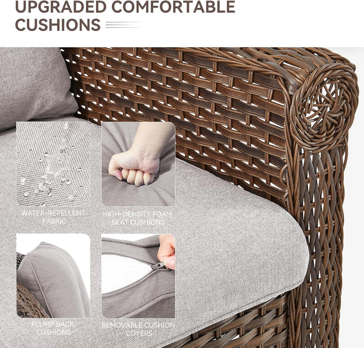 Patio Furniture Set 3PCS Conversation Set Wicker Sofa with 2 Rattan Ottomans Brown Wicker Beige Cushions Chrysanthemum Armest Rattan Couch Set for Garden Balcony Backyard Sunroom