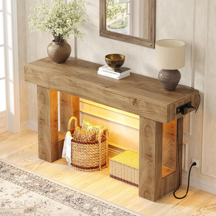 47" Entryway Table with Socket and Sensor Light, Narrow Console Table with Storage behind Couch, Farmhouse Entry Way Tables with Open Storage for Entrance/Hallway/Living Room, Natural Oak