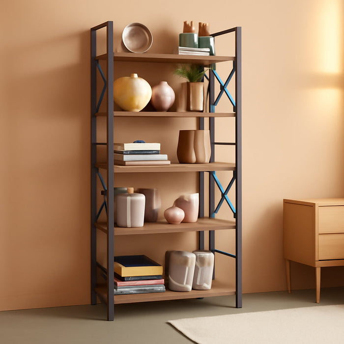 5 Tiers No Assembly Book Shelves, 51.2" H Folding Bookshelf Bookcase Open Industrial Foldable Shelves for Bedroom, Living Room, Home Office - Rustic Brown Black