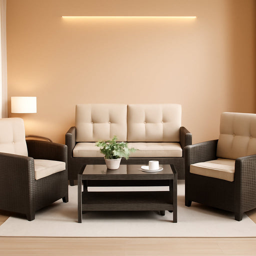 4 Piece Patio Furniture Set, Outdoor Rattan Conversation Set with Coffee Table, outside Wicker Sectional Sofa Couch with Cushion, Brown and Khaki