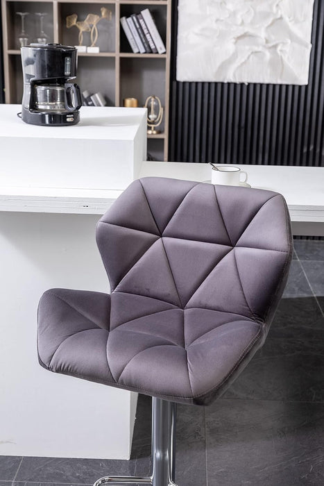 Breni Velvet Diamond Tufted Swivel Adjustable Height Barstools, Set of 2, Gray