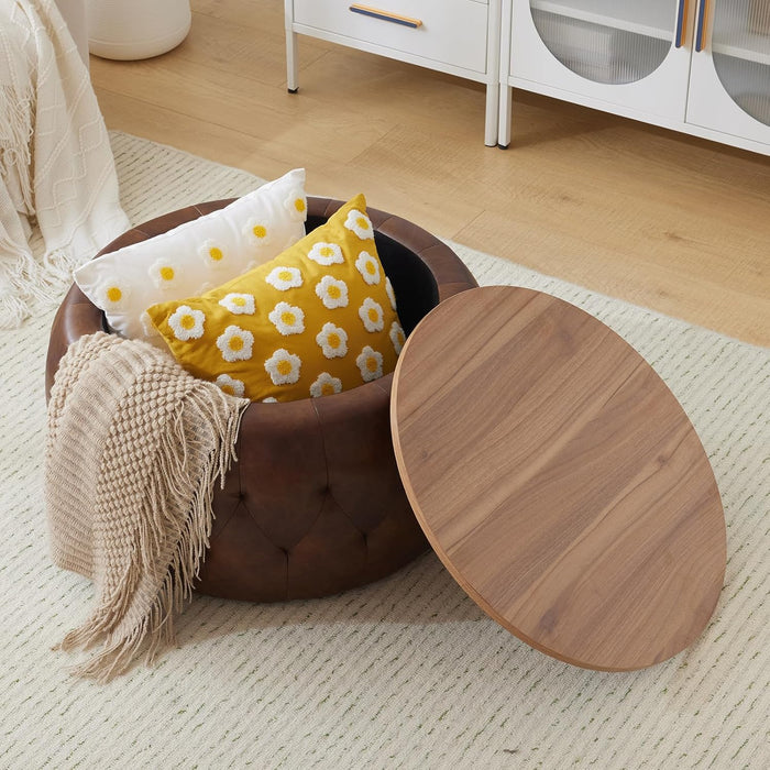 25 Inches Large round Storage Ottoman, Modern Upholstered Ottoman Coffee Table, Wooden Top, Soft Faxu Leather Surface, for Living Room, Bedroom, Classic Tufting, Brown