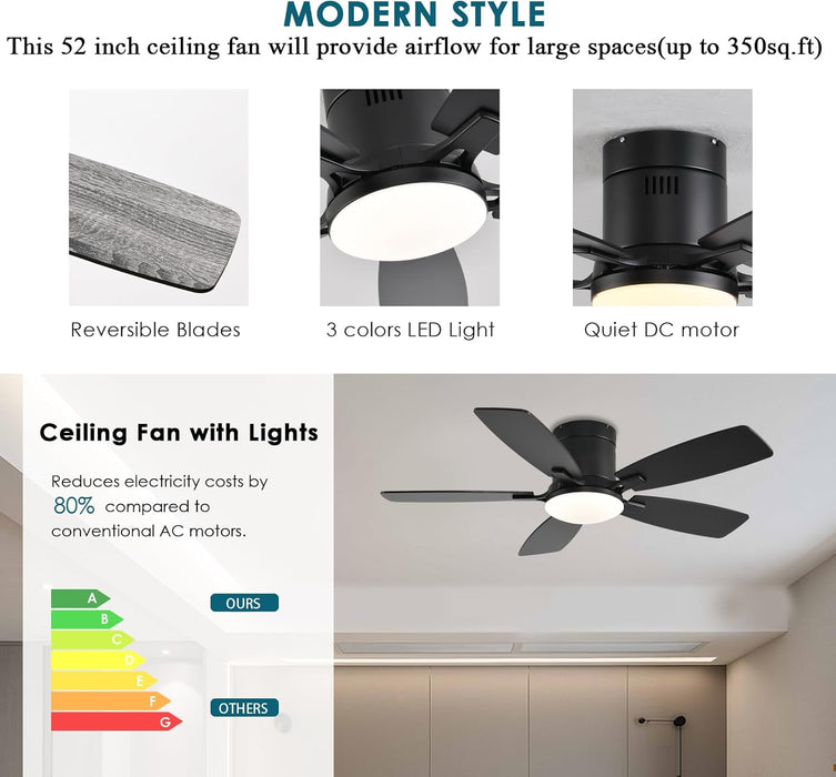 Ceiling Fans with Lights, 42 Inch Low Profile Ceiling Fan with Light and Remote Control, Flush Mount, Reversible Motor, Dimmable, Noiseless, Black Ceiling Fan for Bedroom, Indoor/Outdoor Use