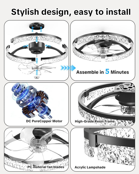 20" Low Profile Ceiling Fan with Light and Remote, Dimmable LED Flush Mount Ceiling Fan, 6 Speeds, White Modern Design for Bedroom/Living Room （Black-Crystal）